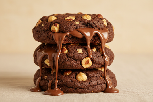 background should be light beige and make a stack of cookies with nutella oozing out , cookie dough base should be chocolate